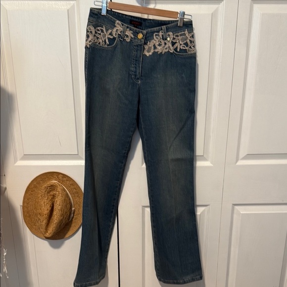 Escada Blue Jeans with Cream Lace Accent EU 36/S - Picture 1 of 11